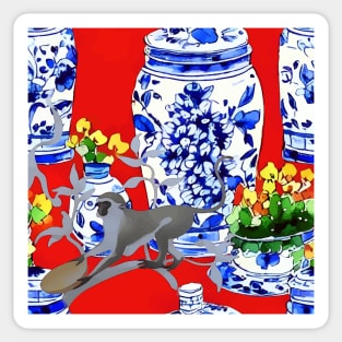 Monkey and chinoiserie jars on red Sticker